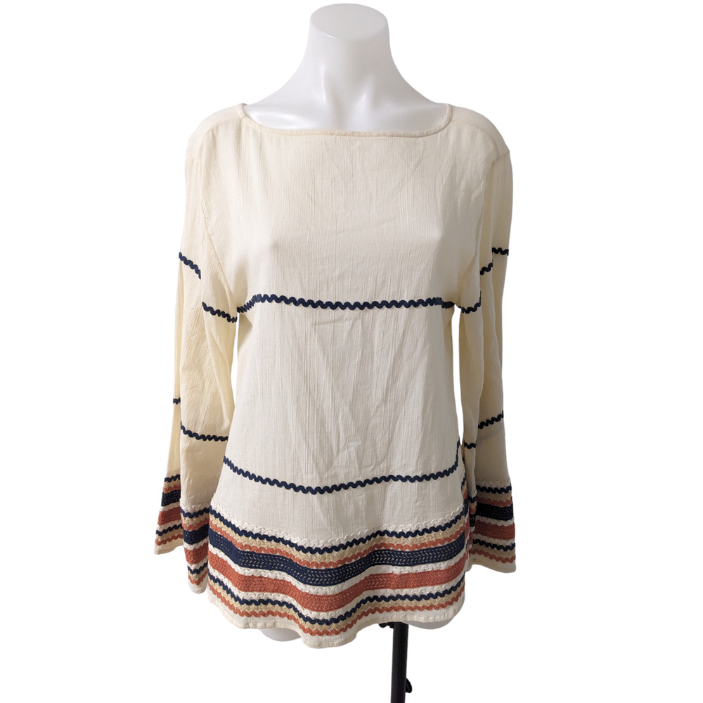 New rinku Small Boho Tunic Embroidered Shirt Blouse Tan Boat Neck Long Sleeves